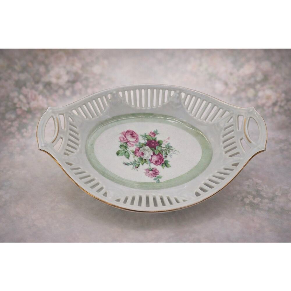 Vintage Reticulated Oval Serving Dish Roses Floral Gold Trim Handles Cottagecore